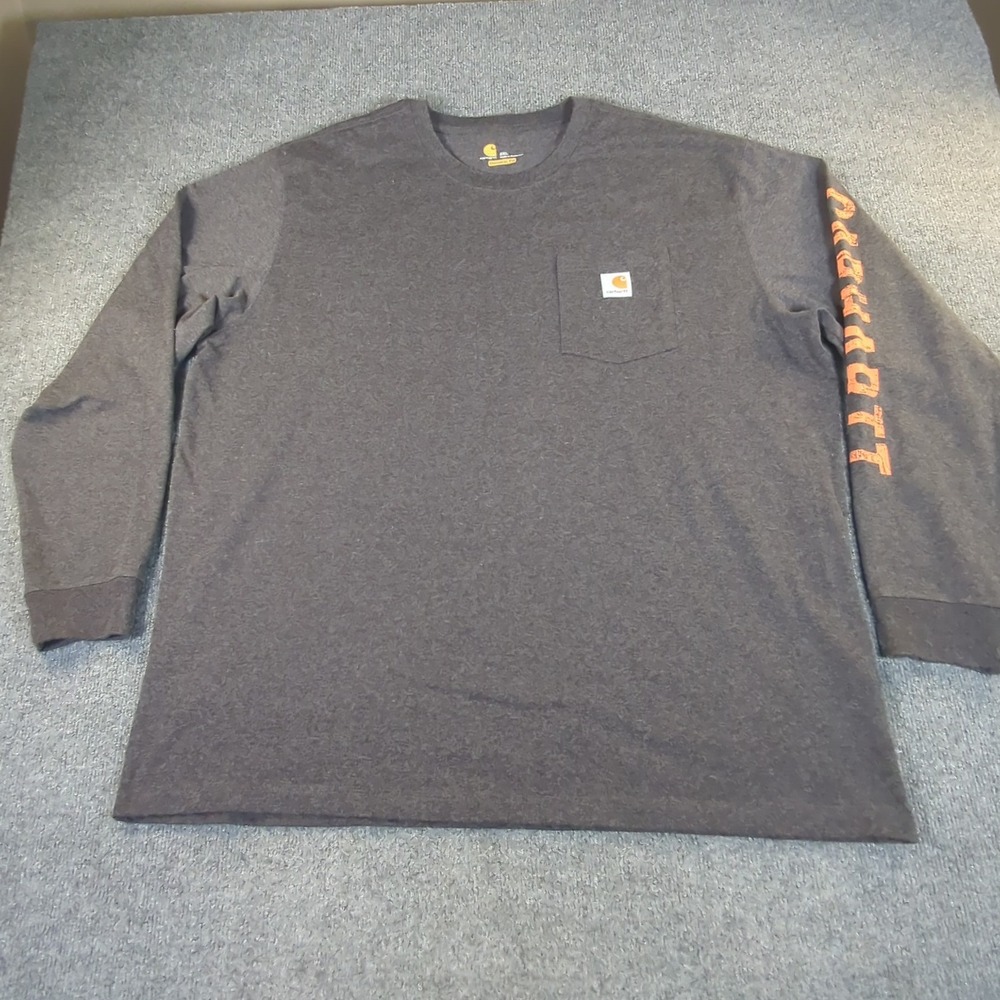 Carhartt‎ Mens 2XL Original Fit Long Sleeve Pocket T-Shirt Gray Orange Logo 2546
